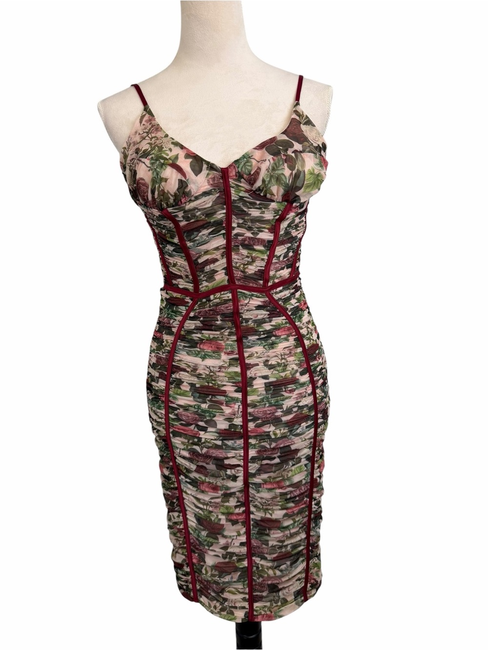 House of CB Vintage floral Ruched Corset Bodycon Dress with Burgundy Piping - Picture 4 of 9